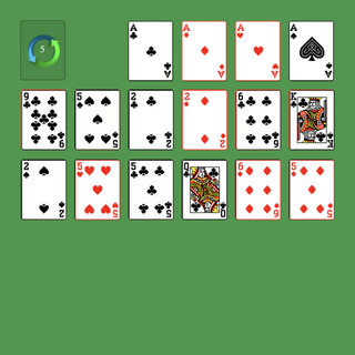 Cruel Solitaire. Move all the cards to the Foundations. Ace Foundation piles (right top): Build up by suit. Tableau piles: Build down by suit. Only topmost card is available for play. An empty spot may not be filled. You may re-deal the cards in sets of 4. They are not reshuffled. Double-click on a card to move it into its place. Double-click or right-click on the game field to move all available cards into its place.