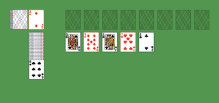 Double Canfield Solitaire. Move all the cards to the Foundations. Foundation piles (right top): An empty spot may be filled with an Ace. Build up by suit. Tableau piles: Build down in descending order and alternating color. A group of cards can be moved to another pile if they are in sequence down by alternating color. An empty spot may be filled with any card. Reserve pile (left): Topmost card is available for play. You may only pass through the deck three times. Double-click on a card to move it into its place. Double-click or right-click on the game field to move all available cards into its place.