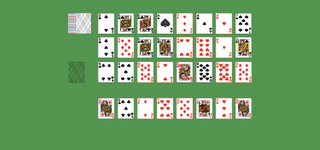 Royal Parade Solitaire. Move all the cards to the Foundations. Foundation piles (first row): Build up by suit and by threes in sequence: 2-5-8-Jack. Foundation piles (second row): Build up by suit and by threes in sequence: 3-6-9-Queen. Foundation piles (third row): Build up by suit and by threes in sequence: 4-7-10-King. Foundation pile (left): Aces are to be moved here. Reserve piles (bottom): Topmost card is available for play. Click on the deck to deal a new row of cards. Double-click on a card to move it into its place.