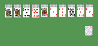 Spider (four suits) Solitaire. Discard all the cards. When an entire suit of thirteen cards becomes exposed, it is automatically removed from the tableau. Build down in descending order regardless of suit. A group of cards can be moved to another pile if they are in sequence down by suit. An empty spot may be filled with any card. Click on the deck to deal a new row of cards. There must be at least one card in each tableau before you can deal a new row of cards.